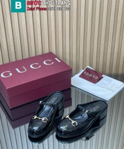 Giày lười GUCCI hở gót màu đen thiết kế sang trọng logo to nổi bật