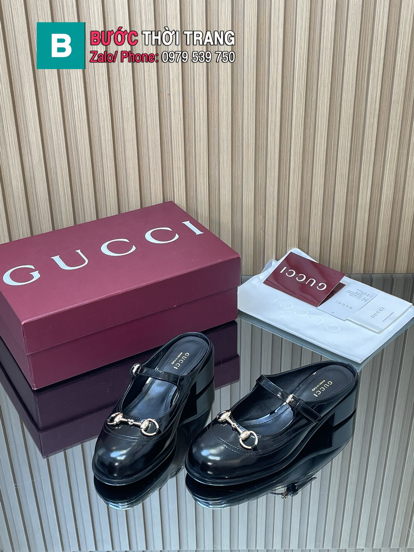 Giày lười GUCCI hở gót màu đen thiết kế sang trọng logo to nổi bật