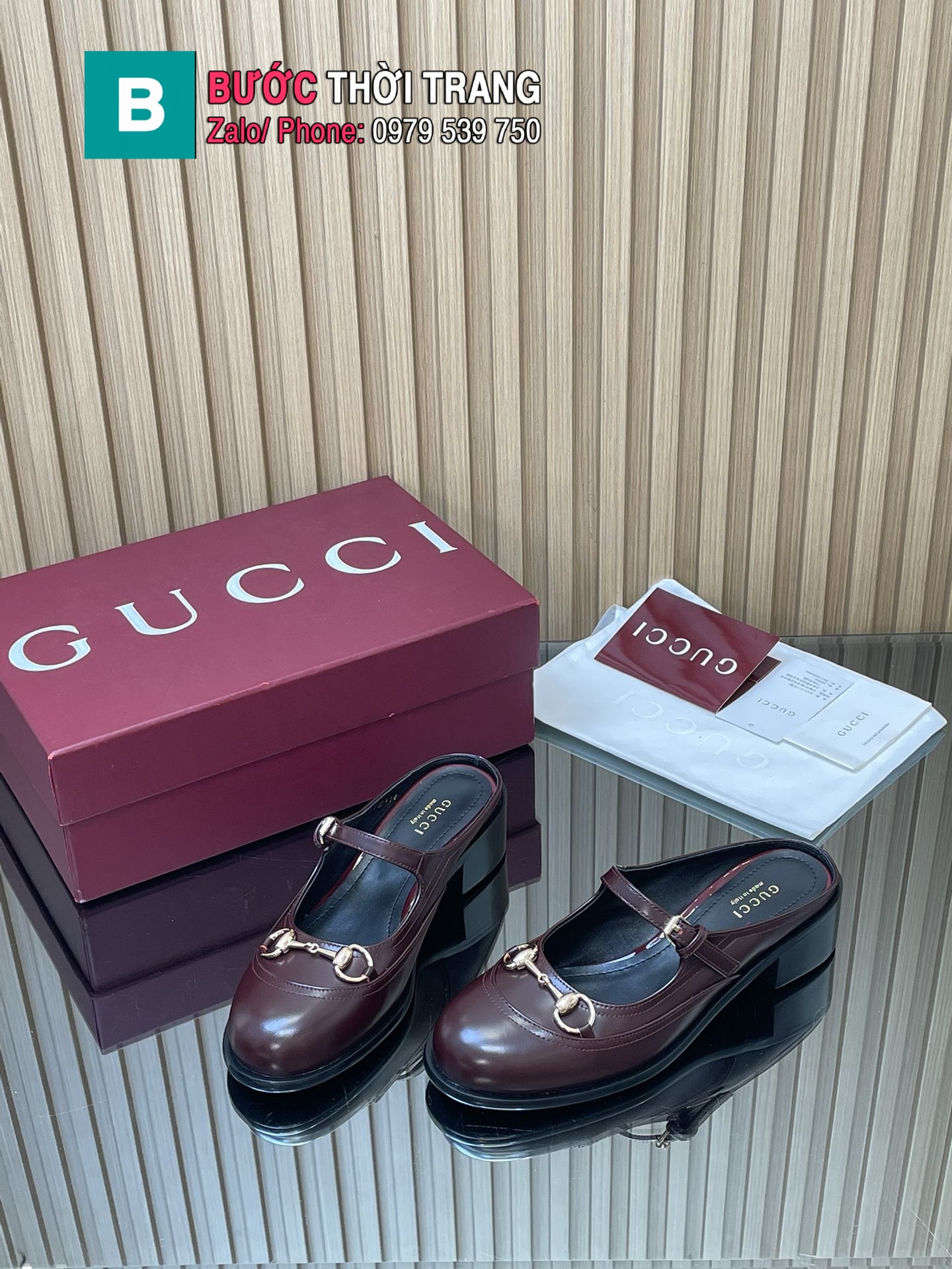 Giày lười GUCCI hở gót màu nâu socola thiết kế sang trọng logo to nổi bật