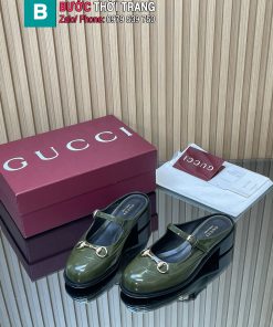 Giày lười GUCCI hở gót màu xanh rêu thiết kế sang trọng logo to nổi bật