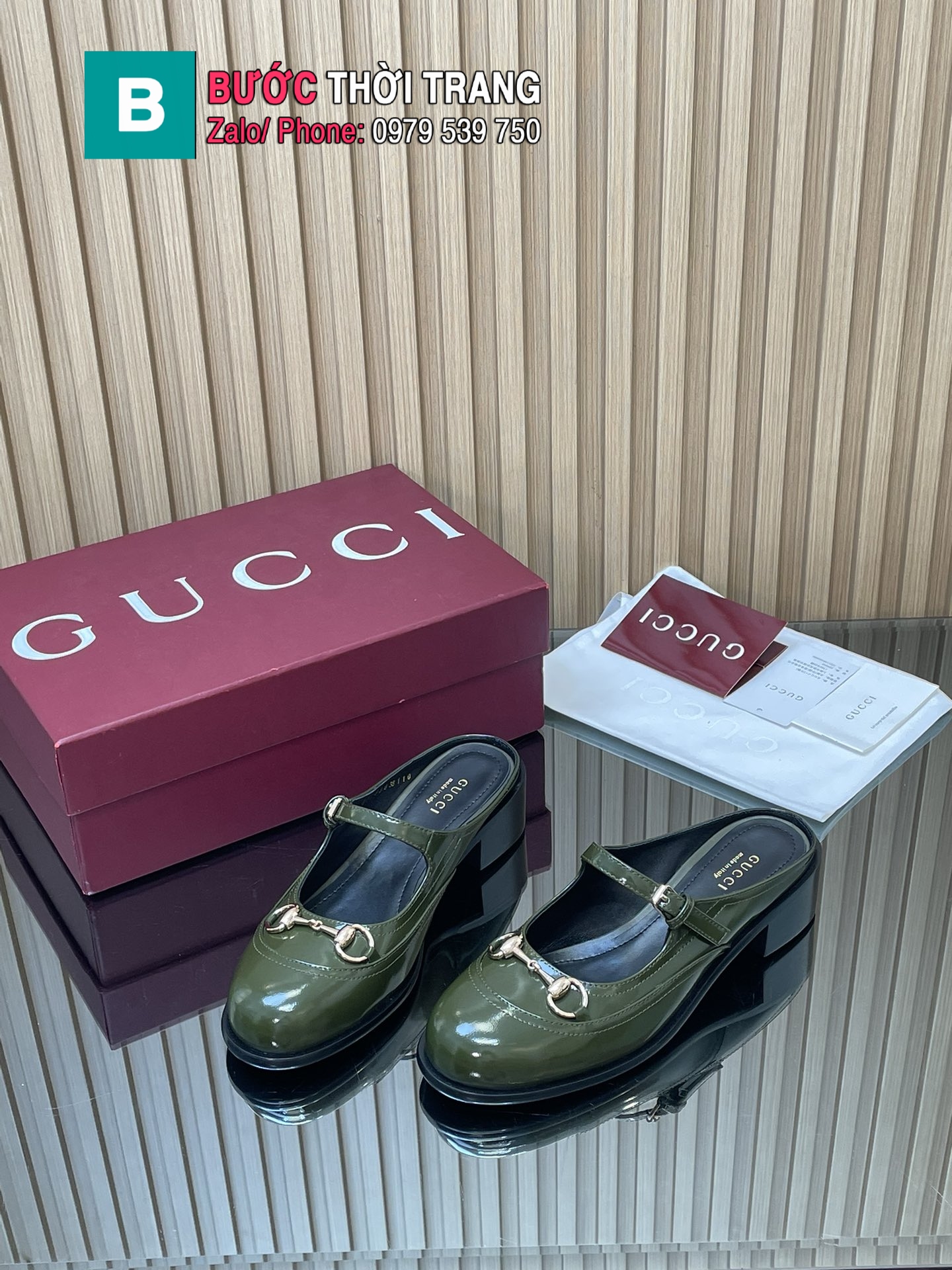 Giày lười GUCCI hở gót màu xanh rêu thiết kế sang trọng logo to nổi bật
