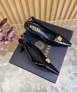 Giày nữ Versace Gianni Ribbon màu đen da bóng sang trọng đế cao 5cm