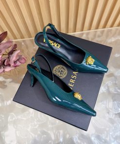 Giày nữ Versace Gianni Ribbon màu xanh cổ vịt da bóng sang trọng đế cao 5cm