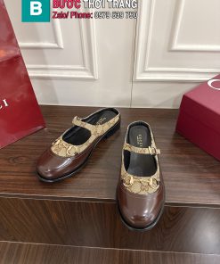 Giày Gucci Mary Jane Mule khóa ngựa màu nâu canvas da lì cao cấp đế cao 3.5cm