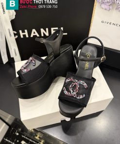 Sandal cao gót CN màu đen đính ngọc lấp lánh đế xuồng tôn dáng