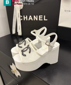 Sandal cao gót CN màu trắng ngà đính ngọc lấp lánh đế xuồng tôn dáng