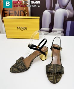 Sandal cao gót FENDI màu nâu canvas thiết kế mũi tròn Delfina đặc trưng sang trọng