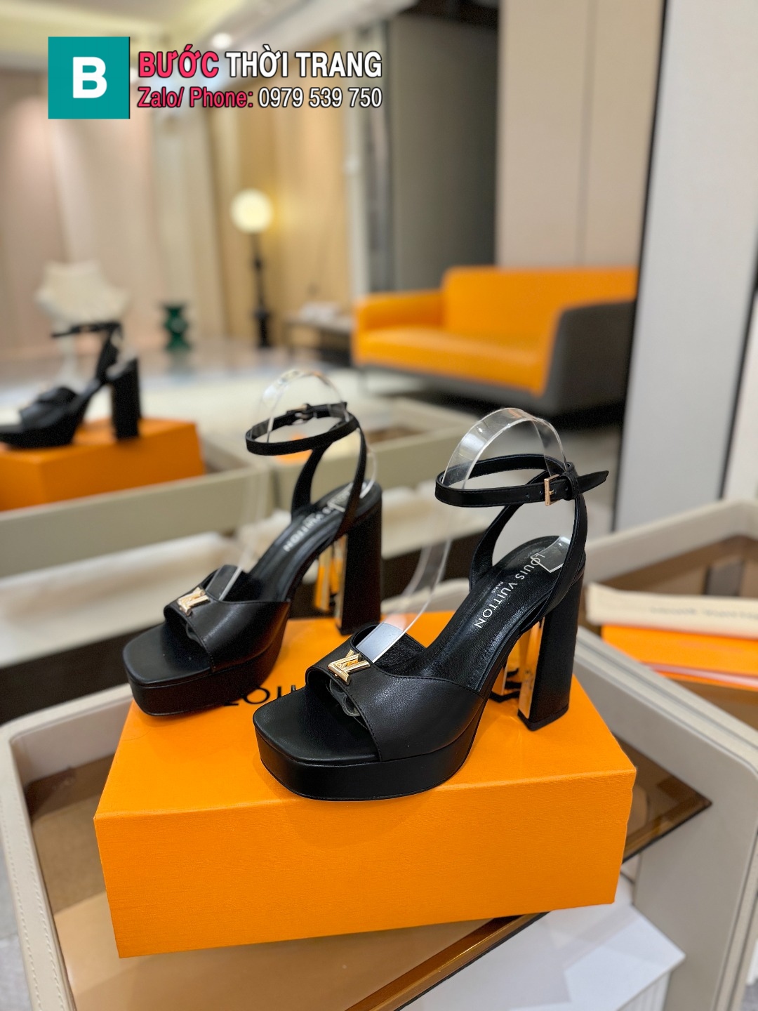 Sandal cao gót LV đế vuông màu đen tôn dáng