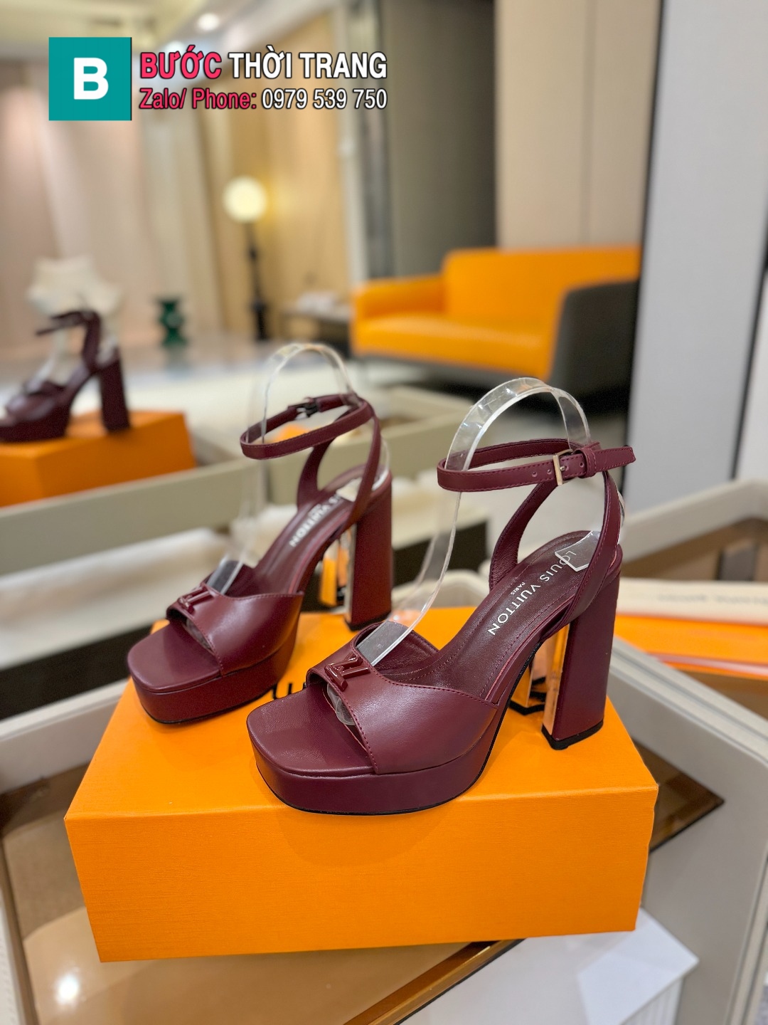 Sandal cao gót LV đế vuông màu nâu đỏ tôn dáng