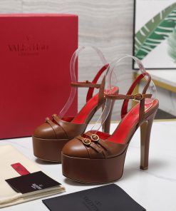 Sandal cao gót mũi tròn VALENTINO màu nâu đậm đế 15,5cm tôn dáng