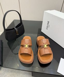Dép đế giày CELINE màu nâu logo vàng sáng làm từ da bò cao cấp