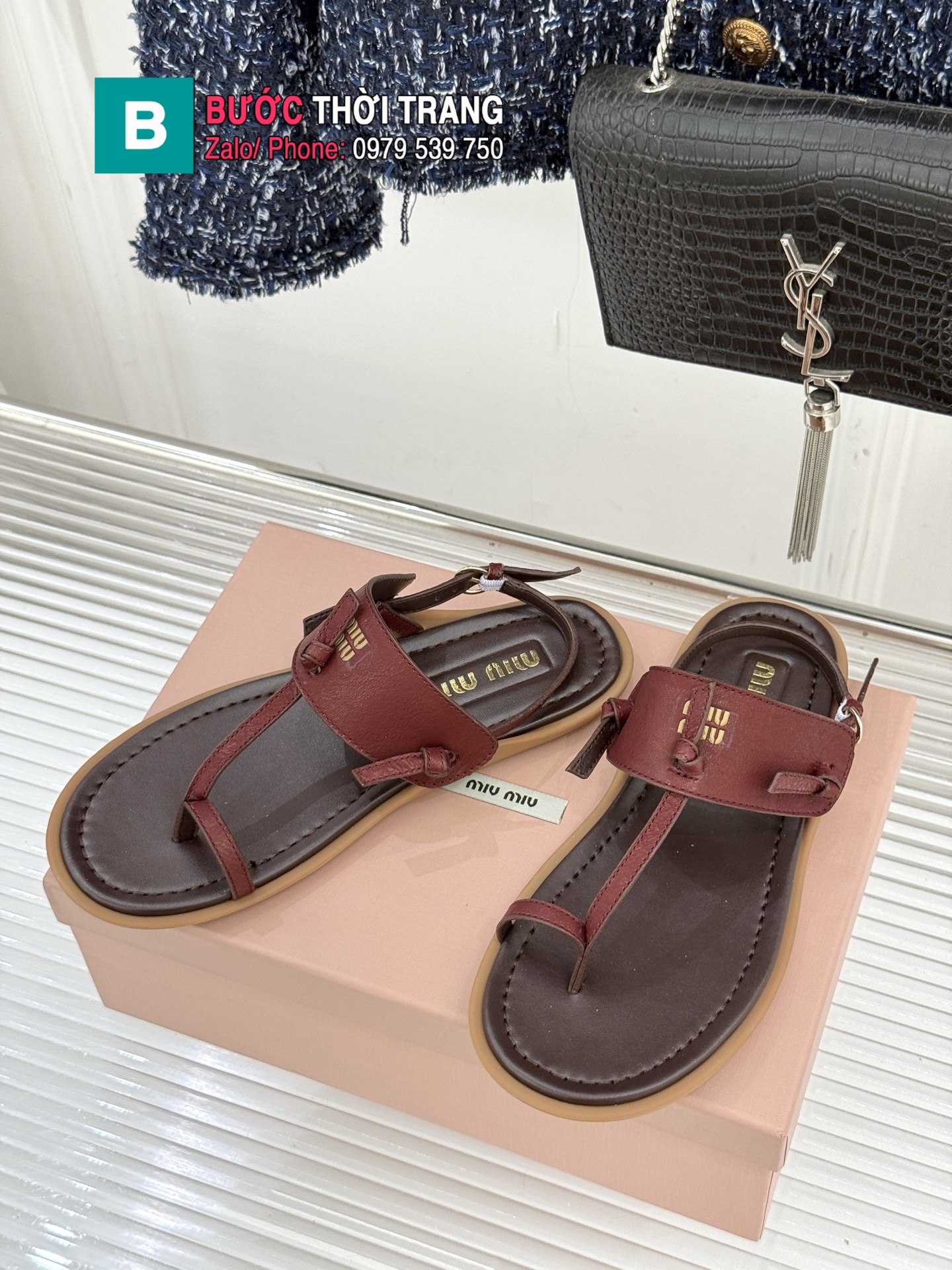 Dép sandal MIU MIU xỏ ngón màu nâu đế bệt cao cấp