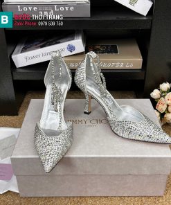 Giày cao gót mũi nhọn Jimmy Choo màu bạc đính ngọc lấp lánh