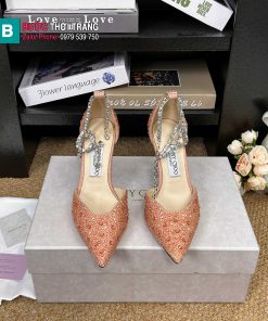 Giày cao gót mũi nhọn Jimmy Choo màu cam đính ngọc lấp lánh