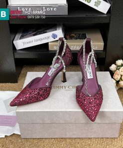 Giày cao gót mũi nhọn Jimmy Choo màu tím đỏ đính ngọc lấp lánh