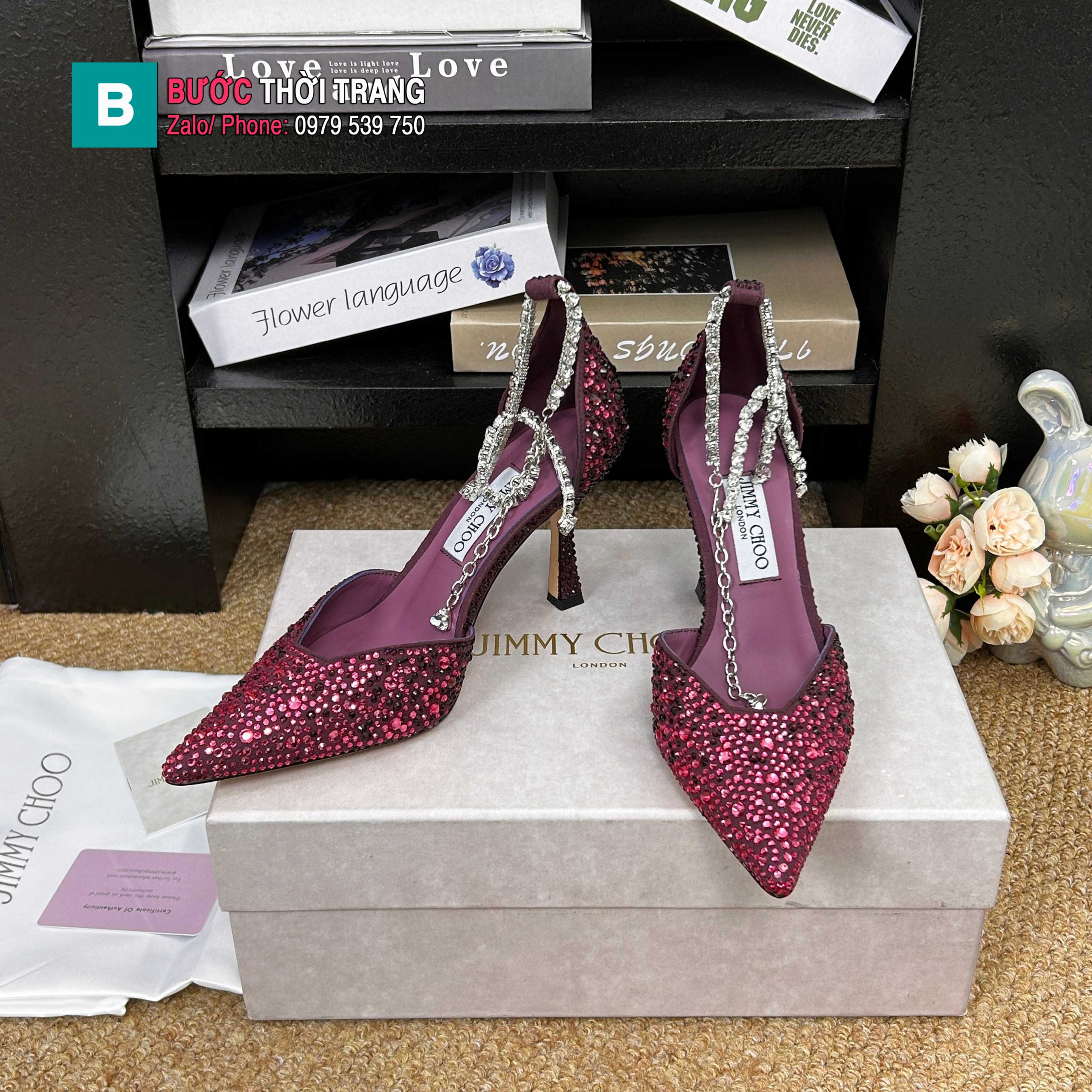 Giày cao gót mũi nhọn Jimmy Choo màu tím đỏ đính ngọc lấp lánh