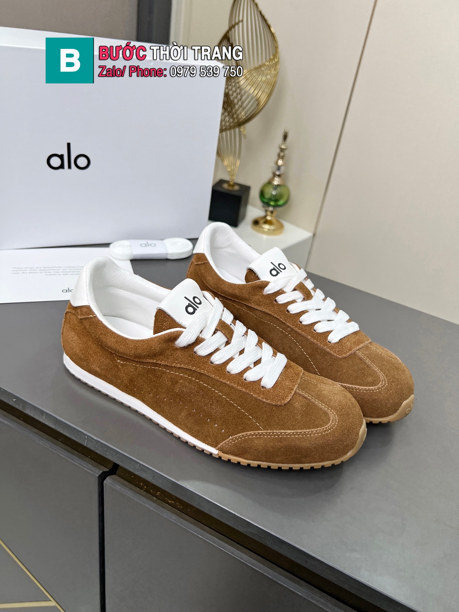 Giày thể thao ALO mũi tròn màu nâu đặc trưng chất liệu da bò lộn cao cấp