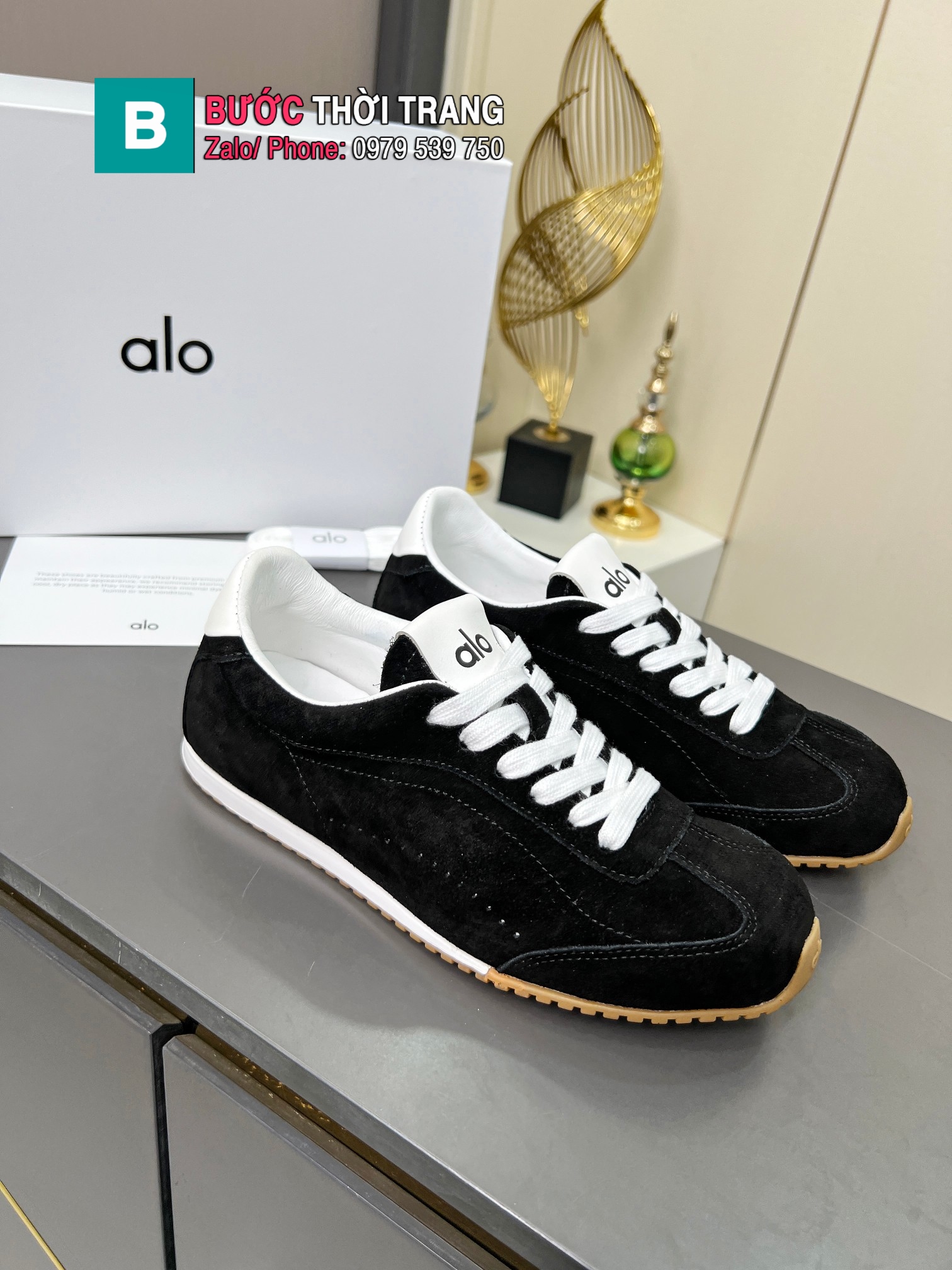Giày thể thao ALO mũi tròn màu đen đặc trưng chất liệu da bò lộn cao cấp