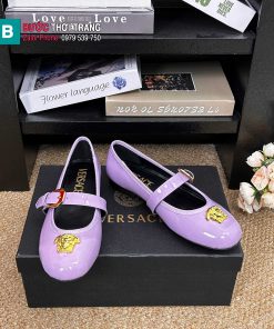 Giày búp bê nữ VERSACE màu tím da bóng mượt đế bệt nữ tính