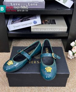 Giày búp bê nữ VERSACE màu xanh da bóng mượt đế bệt nữ tính