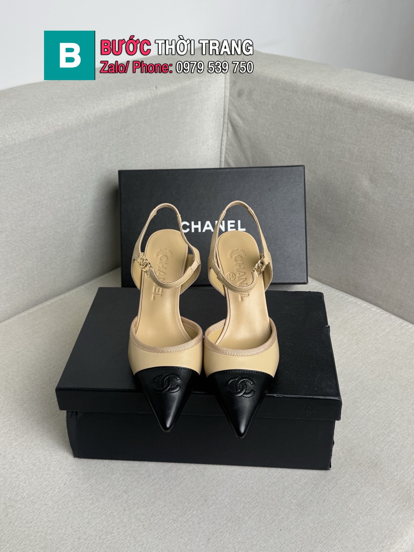 Giày cao gót CN mũi nhọn phối 2 màu cá tính đế 8.5cm