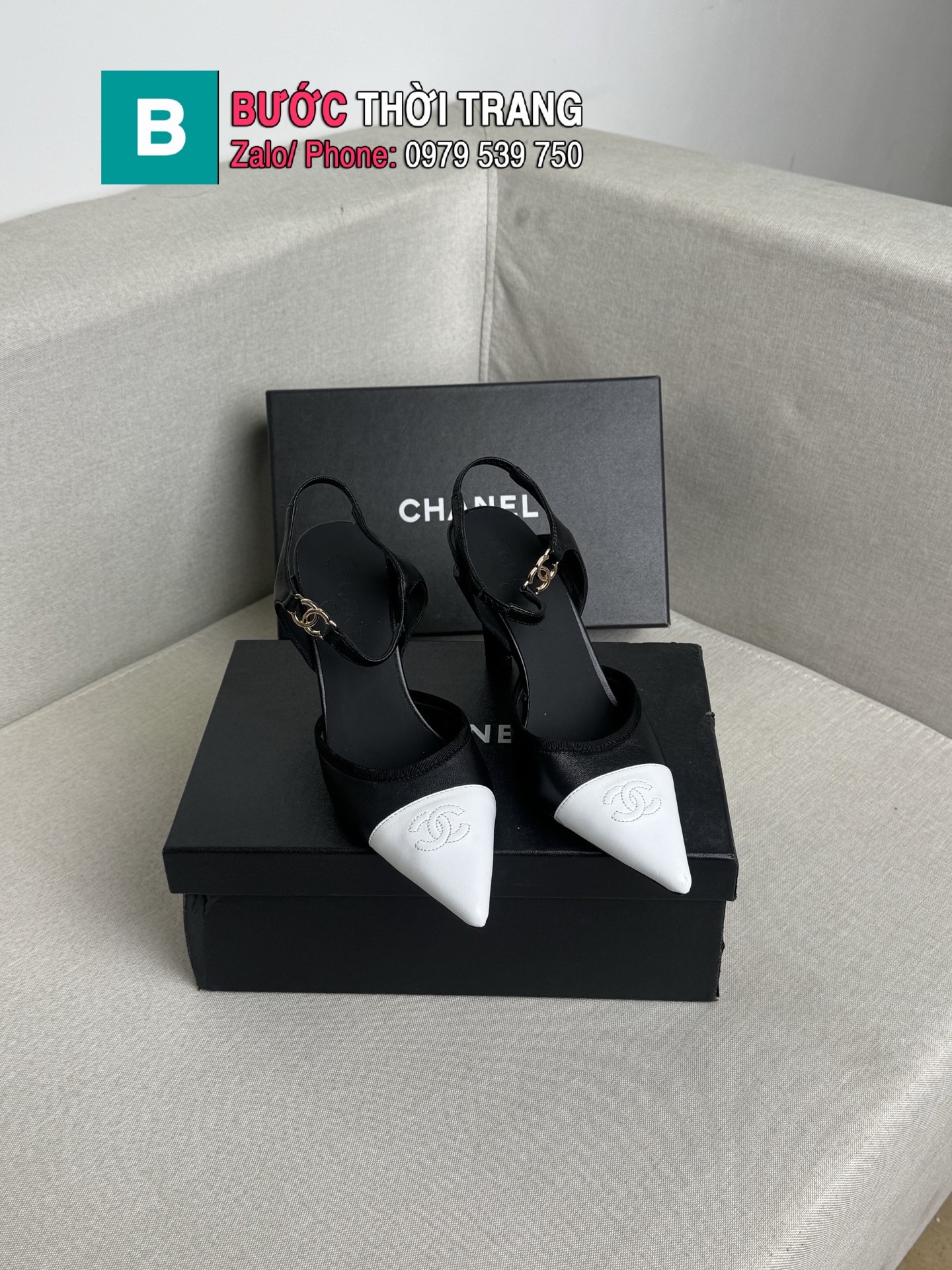 Giày cao gót CN mũi nhọn phối 2 màu cá tính đế 8.5cm