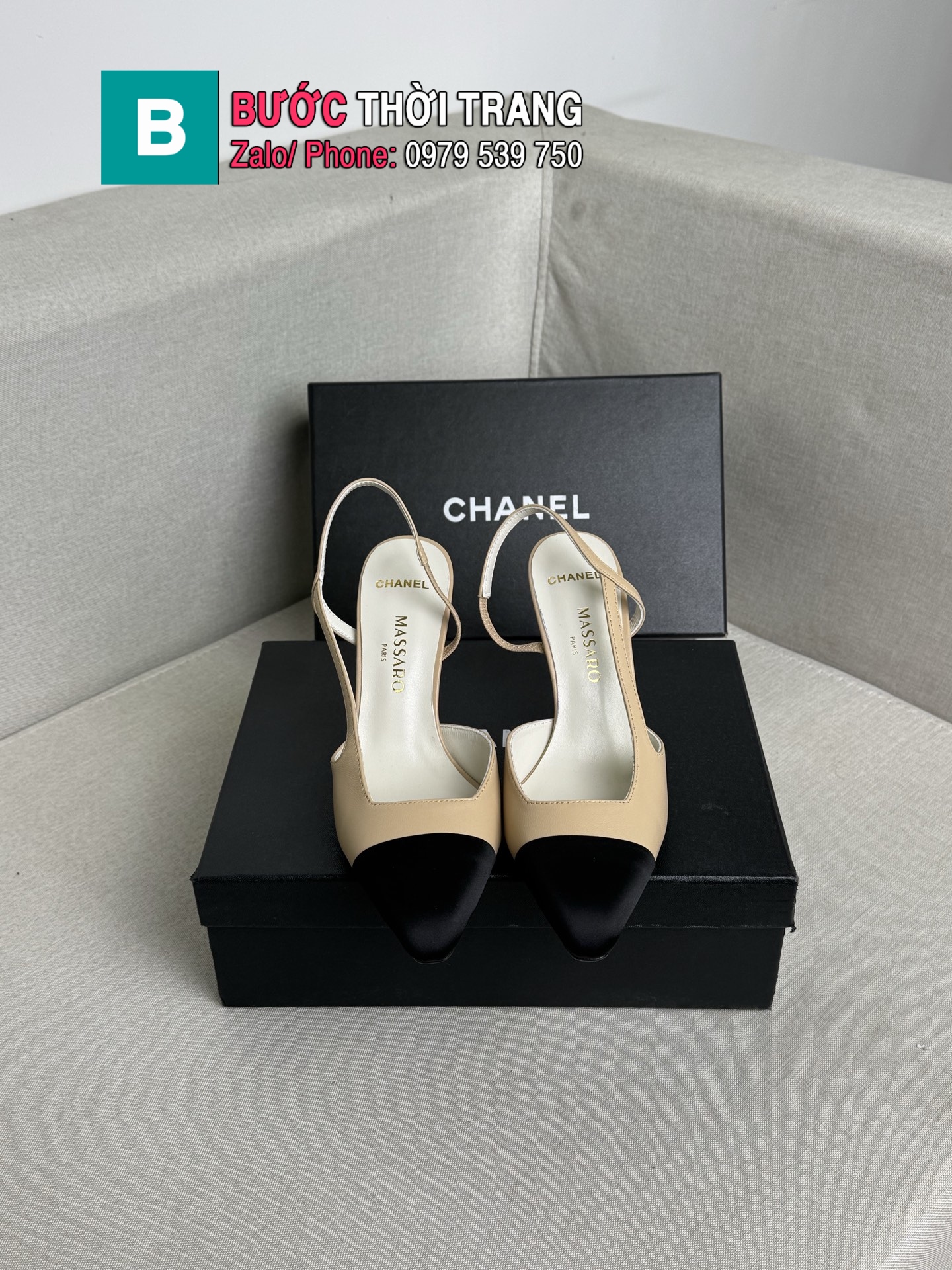 Dép cao gót CN phối 2 màu thanh lịch mũi nhọn sang trọng
