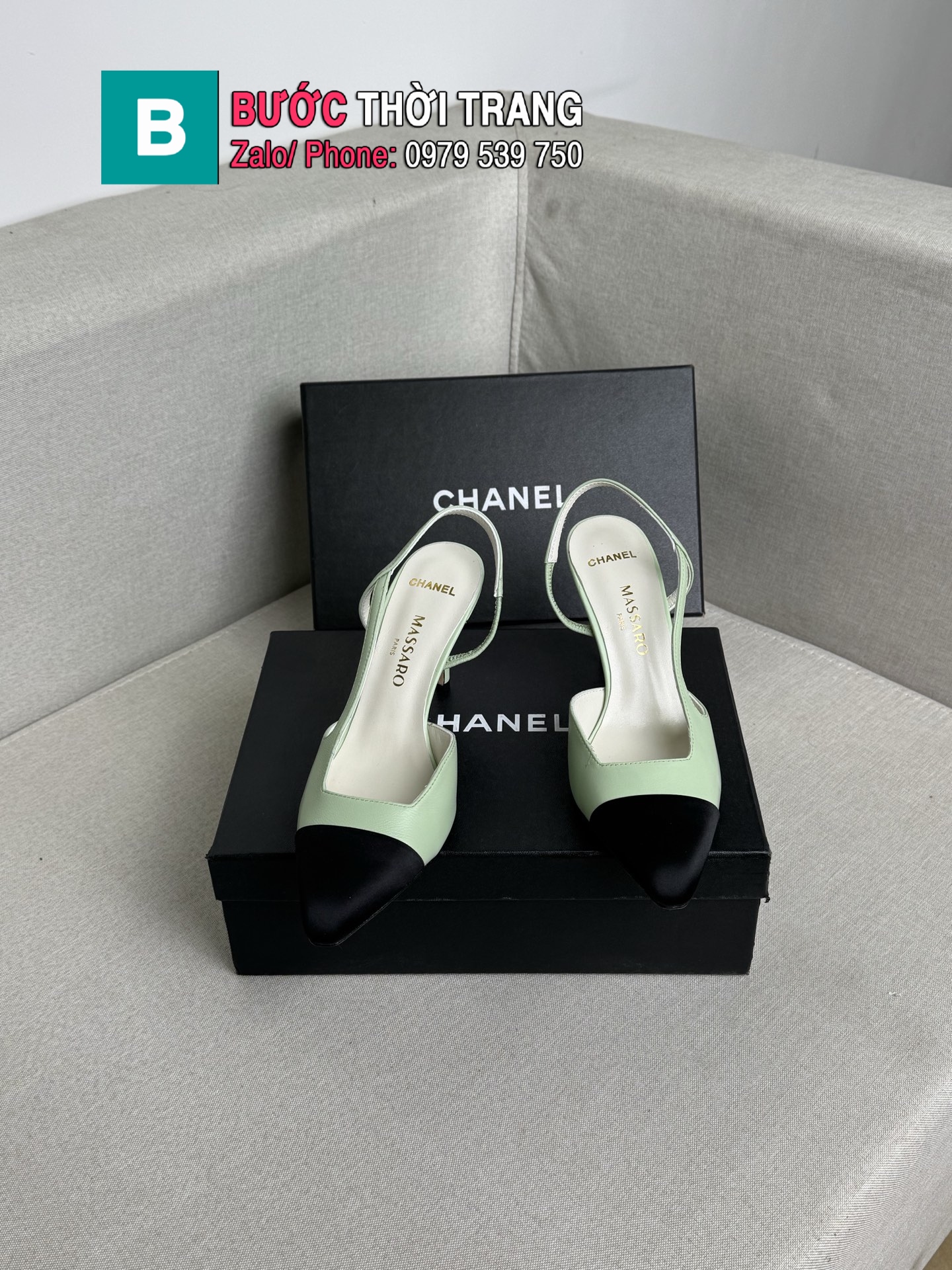 Dép cao gót CN phối 2 màu thanh lịch mũi nhọn sang trọng