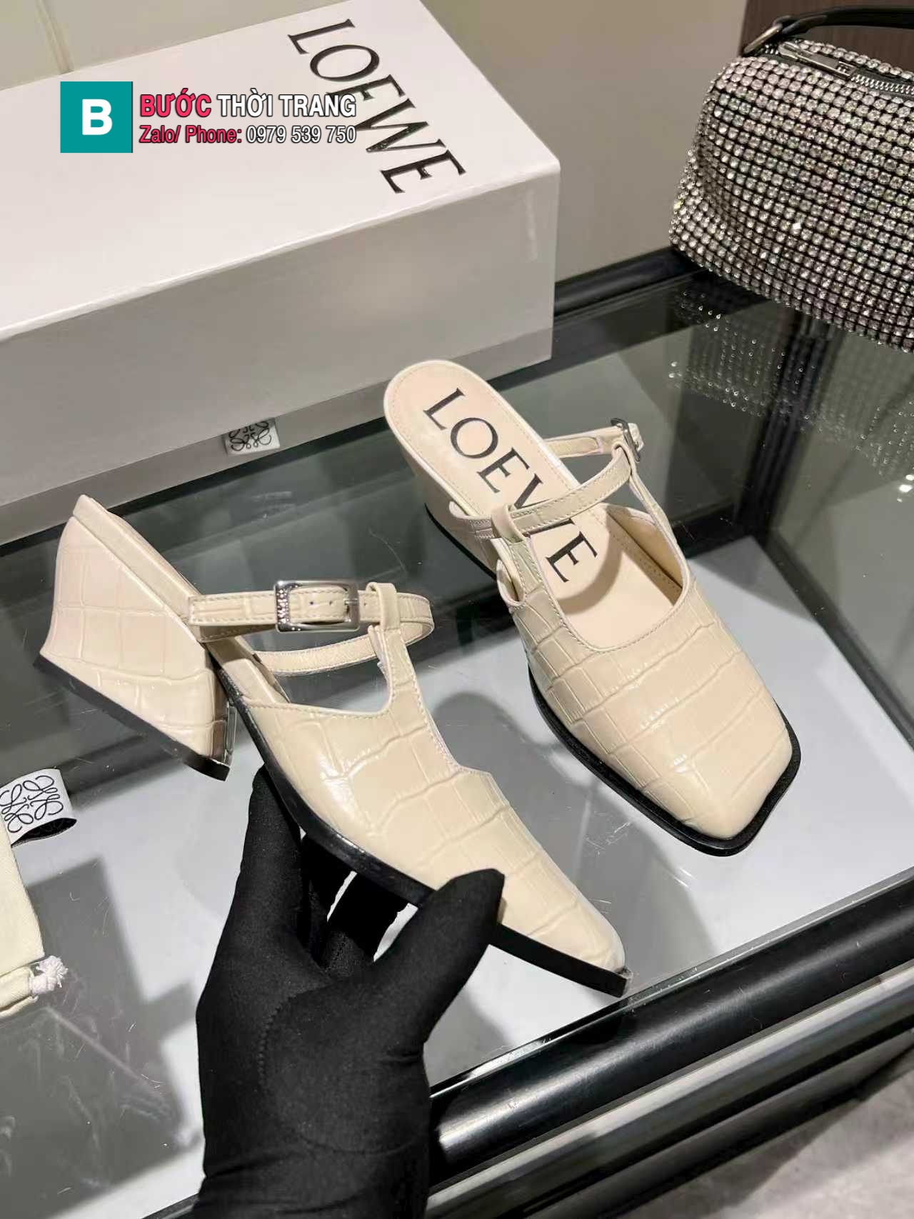 Giày cao gót LOEWE màu be mũi vuông cao cấp