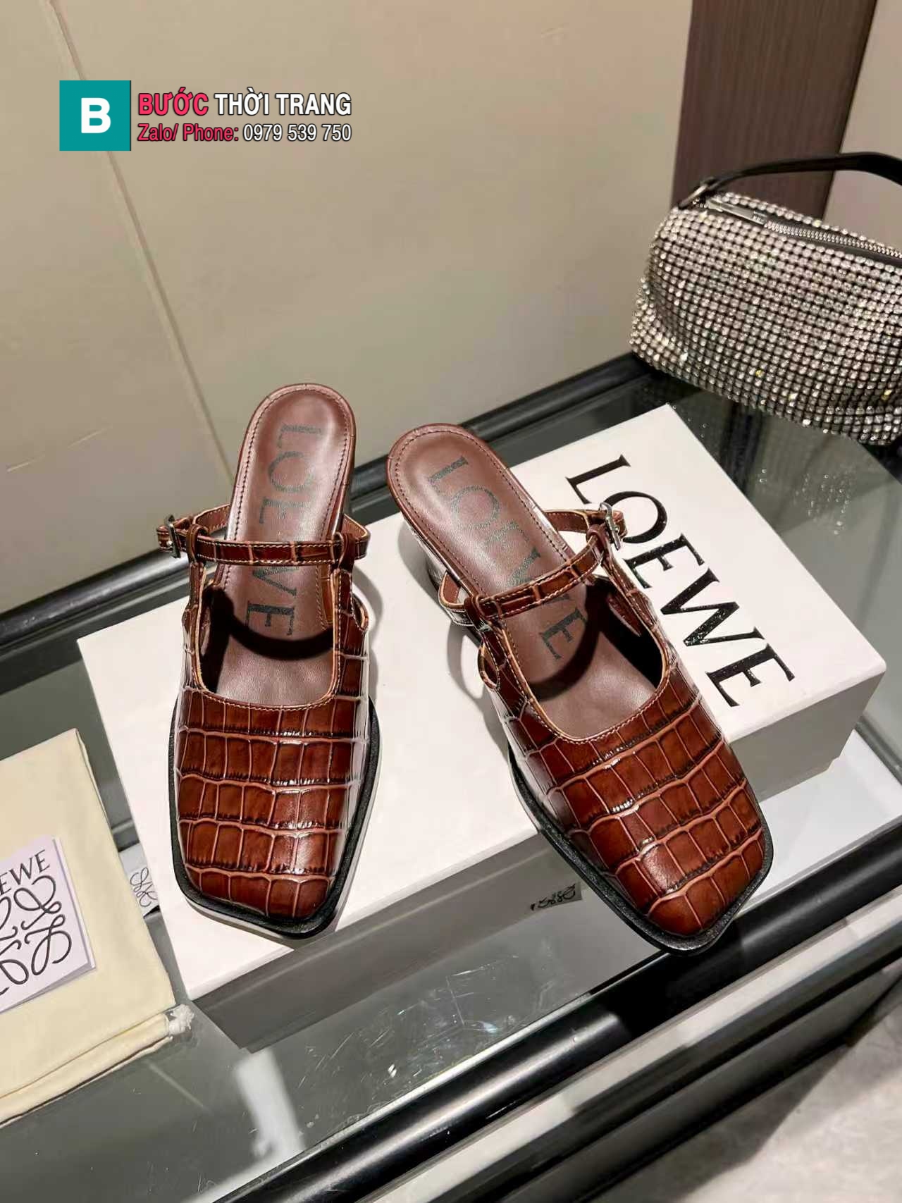 Giày cao gót LOEWE màu nâu mũi vuông cao cấp