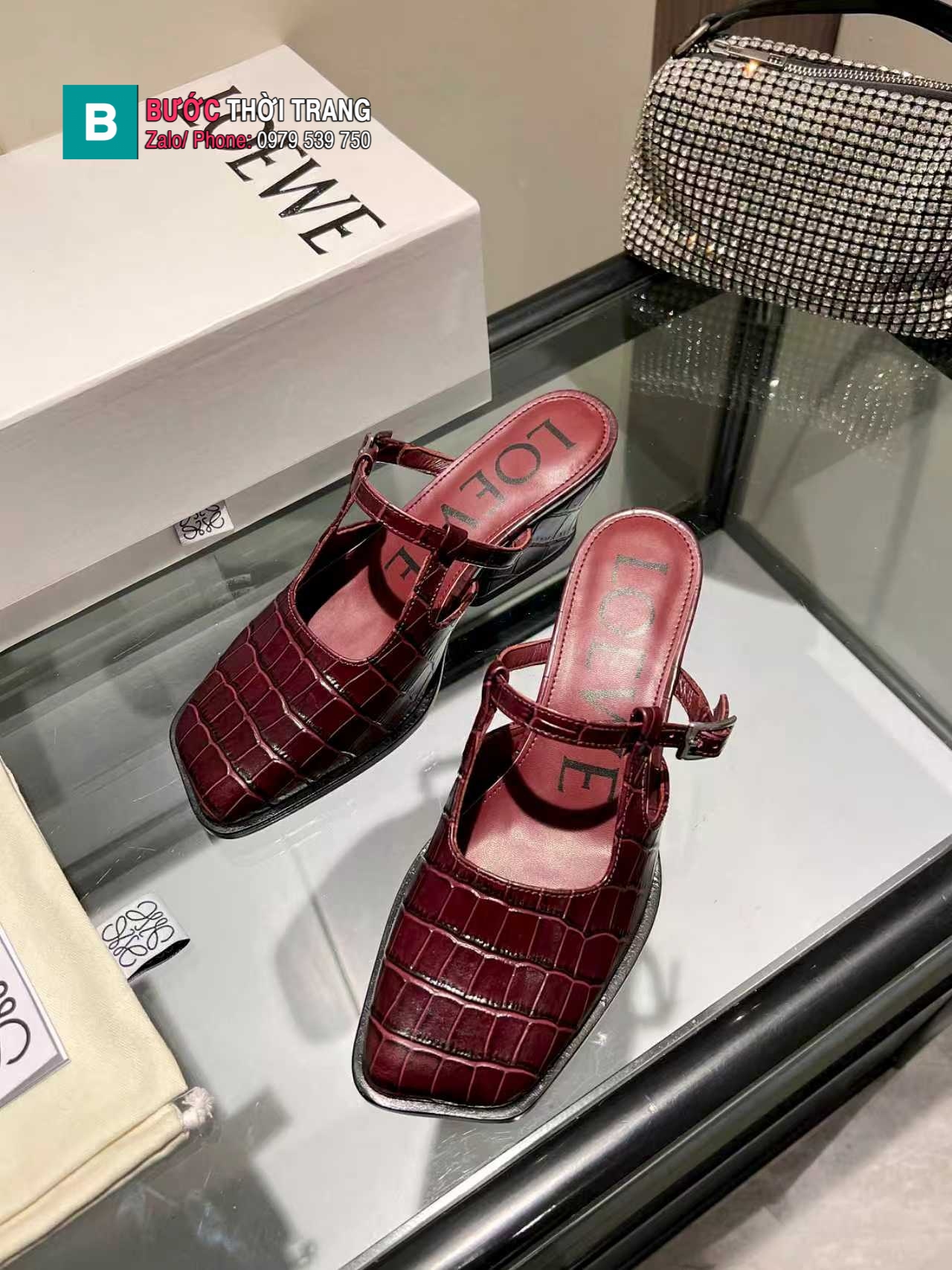 Giày cao gót LOEWE màu đỏ đô mũi vuông cao cấp