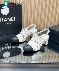 Giày cao gót sandal CN màu trắng ngà họa tiết logo nổi bật