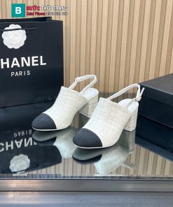 Giày cao gót sandal CN màu trắng ngà chất liệu vải dạ tweed sang trọng