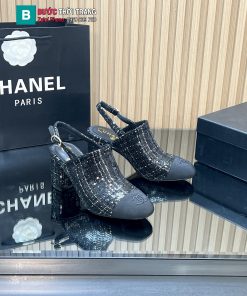 Giày cao gót sandal CN màu đen chất liệu vải dạ tweed sang trọng