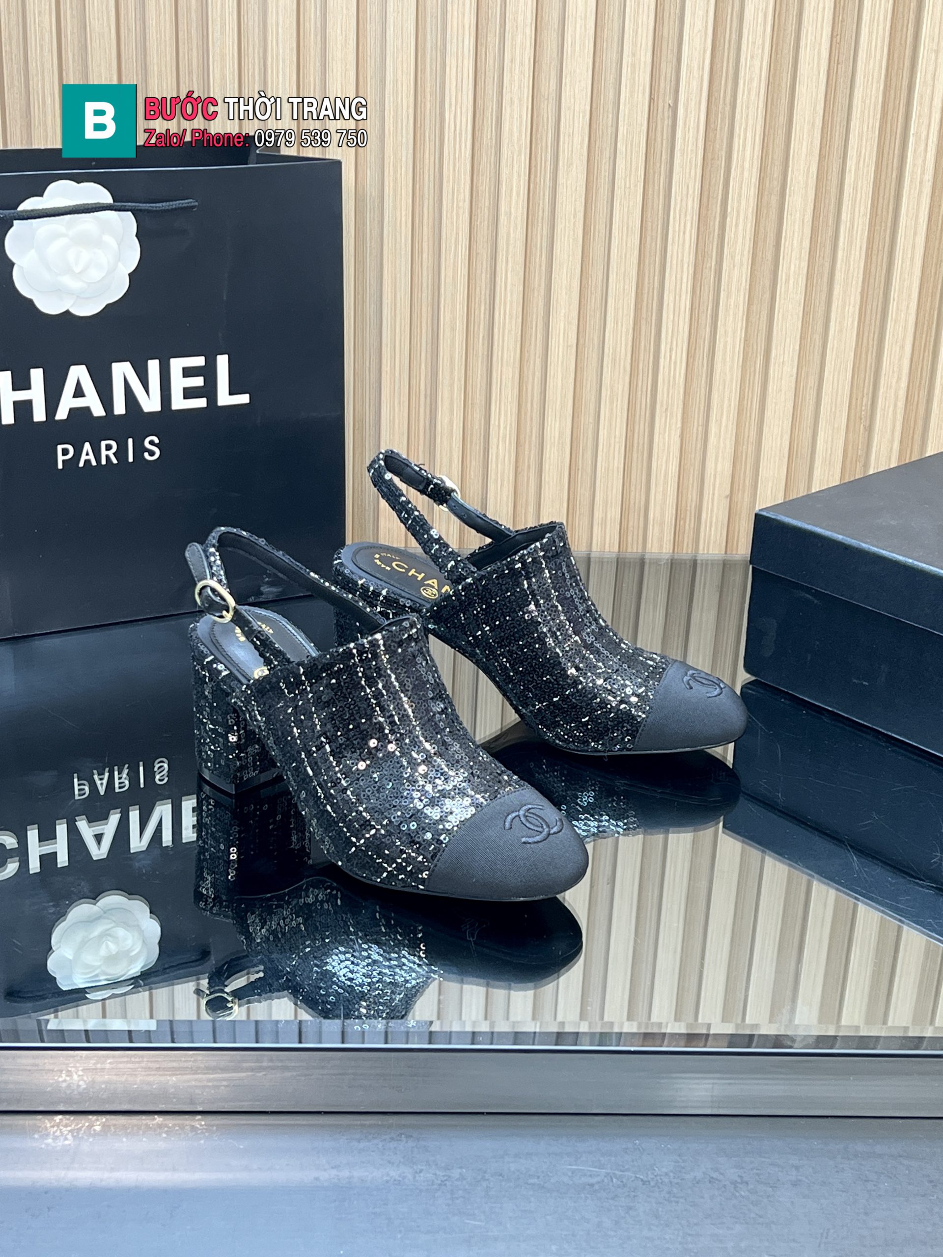 Giày cao gót sandal CN màu đen chất liệu vải dạ tweed sang trọng