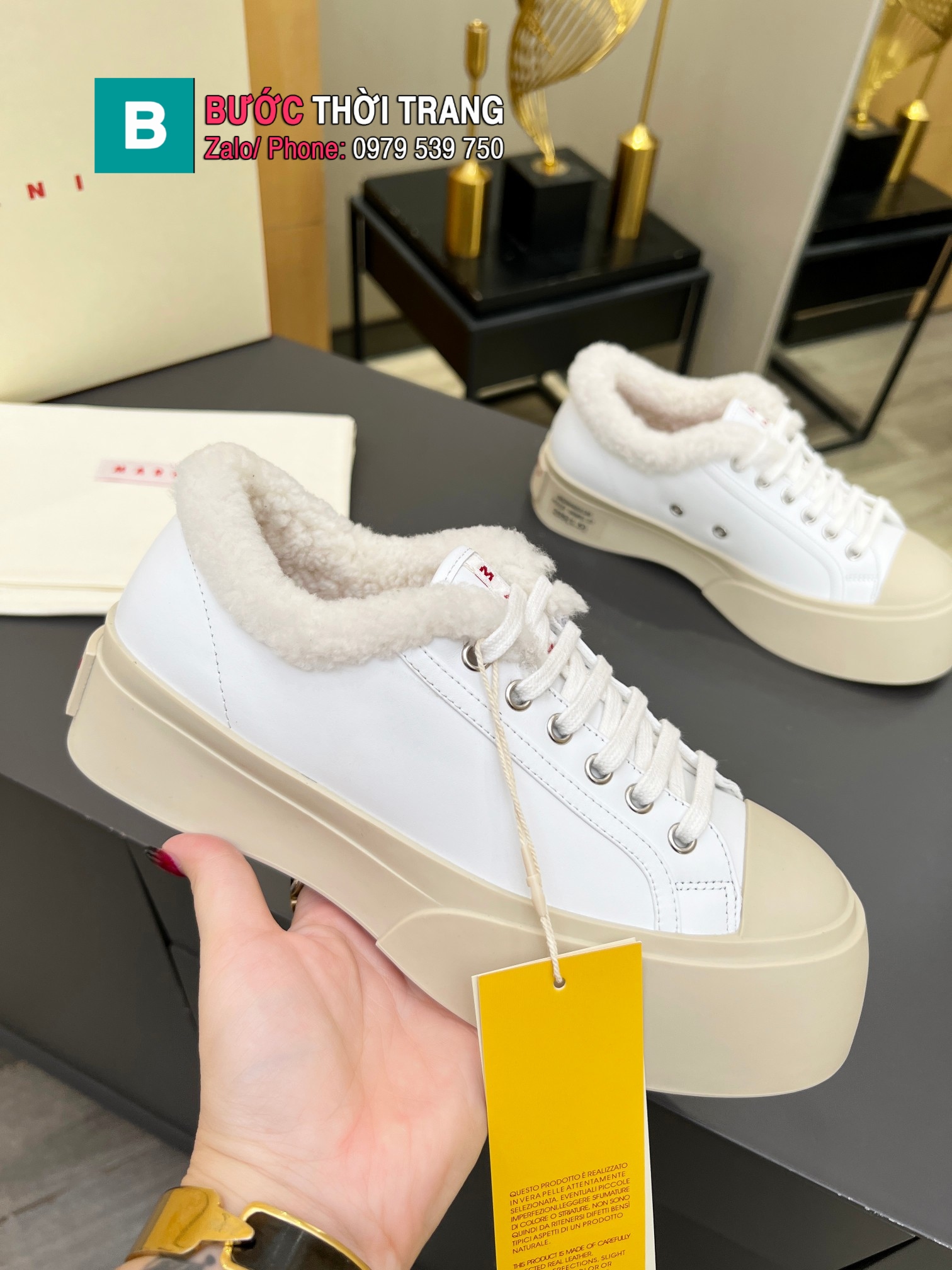 Giày thể thao MARNI màu trắng ngà cổ lót lông sang trọng đế 4cm