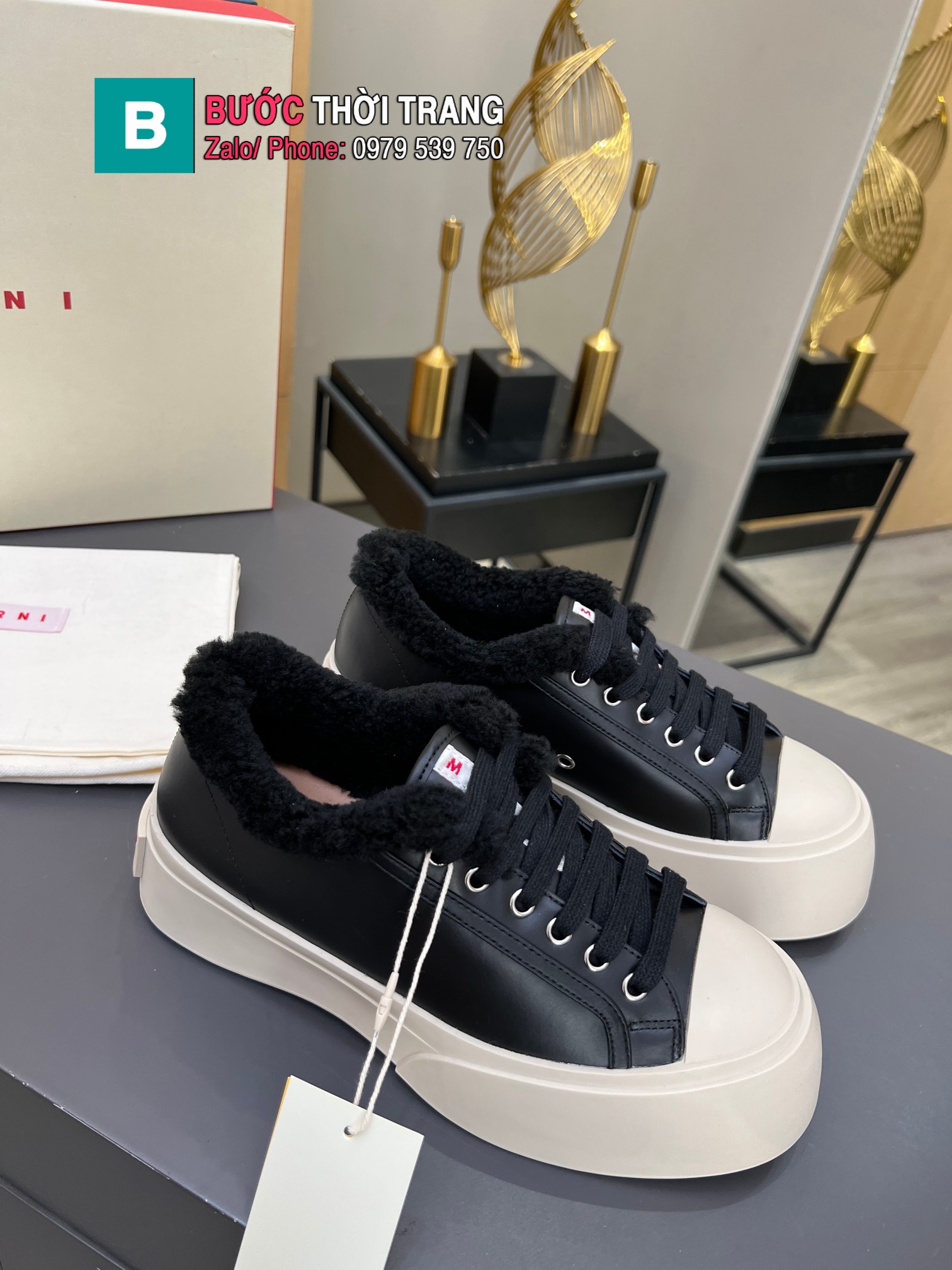 Giày thể thao MARNI màu đen cổ lót lông sang trọng đế 4cm