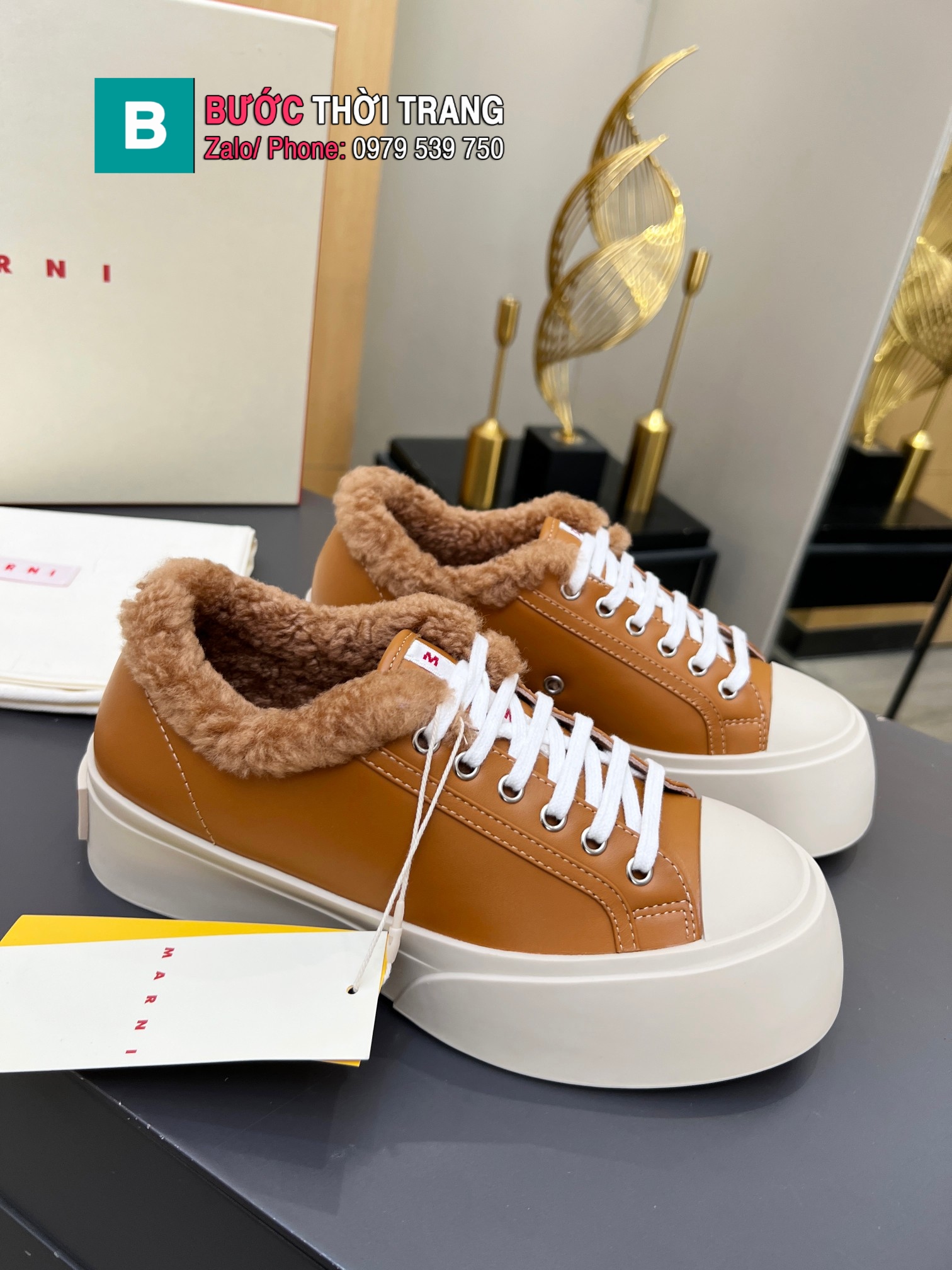 Giày thể thao MARNI màu nâu cổ lót lông sang trọng đế 4cm