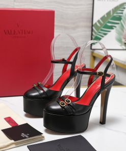 Sandal cao gót mũi tròn VALENTINO màu đen đế 15,5cm tôn dáng