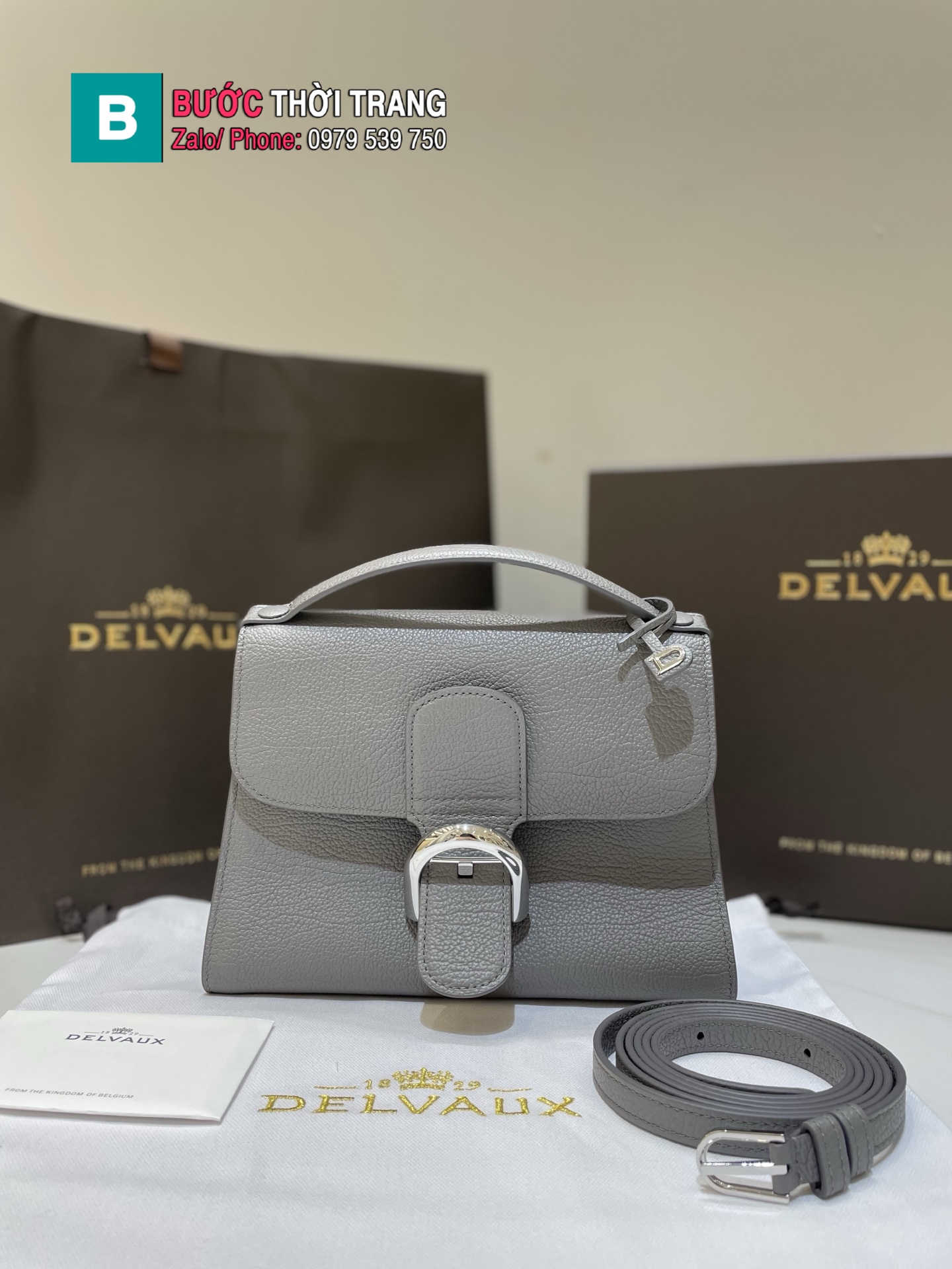 Túi xách DELVAUX TEMPO cao cấp màu ghi size 23x17x6 cm