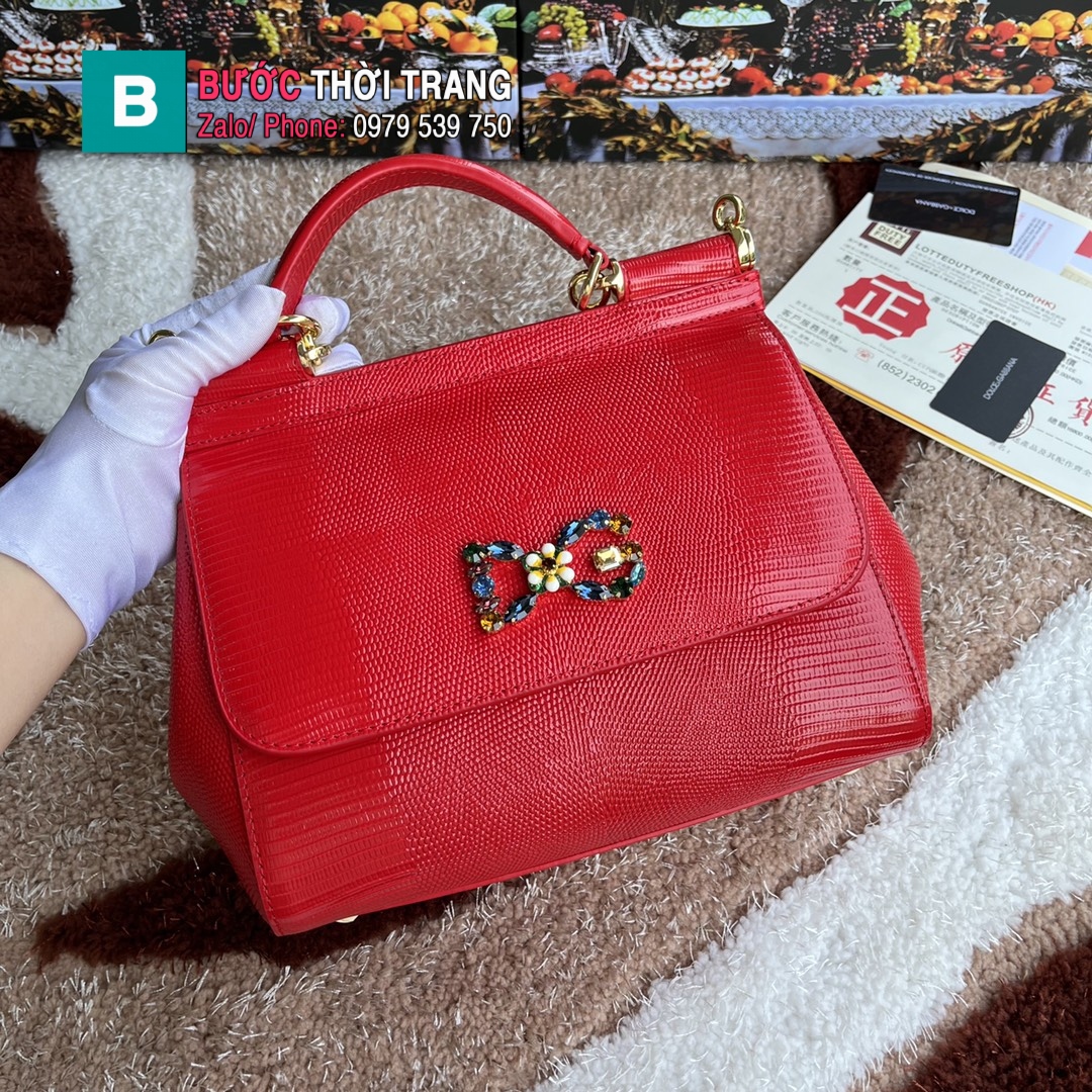 Túi xách Dolce & Gabbana siêu cấp màu đỏ size 25 cm đính đá