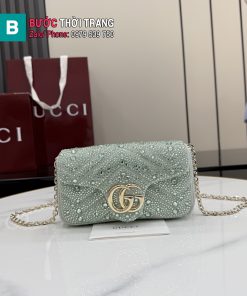 Túi xách GG Marmont màu xanh ngọc đính ngọc lấp lánh size 16.5x9.5x4.5cm