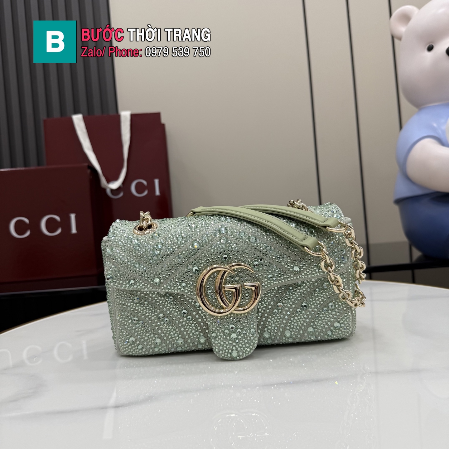 Túi xách GG Marmont màu xanh cao cấp size 26 cm và 22 cm đính ngọc lấp lánh