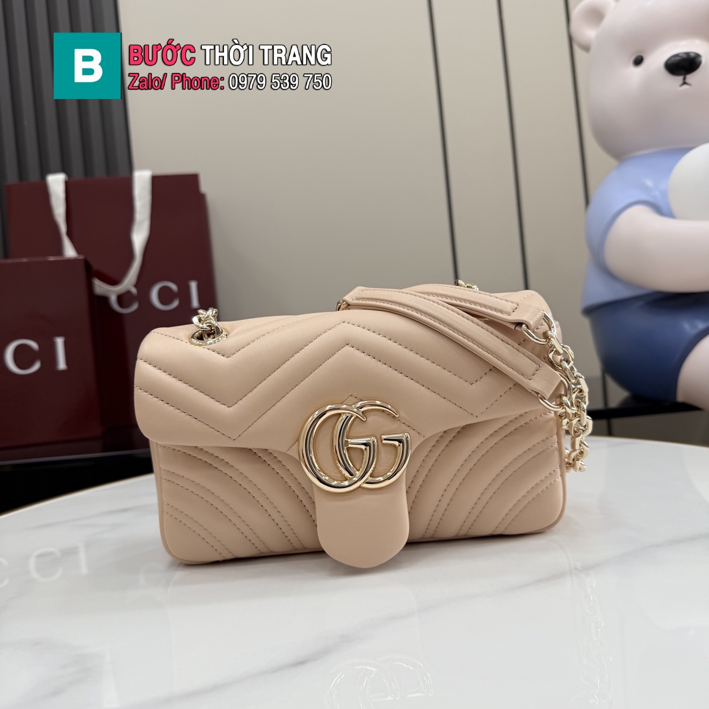 Túi xách GG Marmont siêu cấp màu hồng nude da cừu mềm mịn size 26 cm và 22 cm