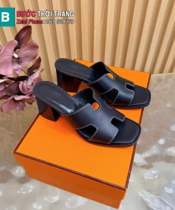 Dép HM chữ H cổ điển màu đen chất liệu da bò cao cấp đế 5cm