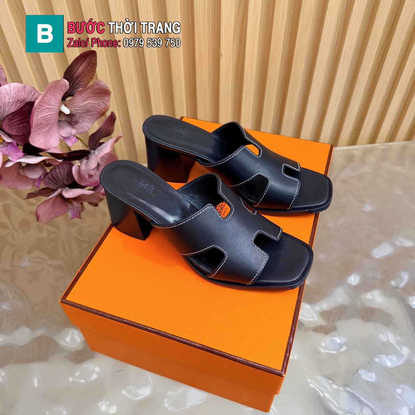 Dép HM chữ H cổ điển màu đen chất liệu da bò cao cấp đế 5cm