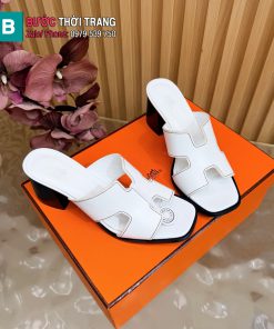 Dép HM chữ H cổ điển màu trắng chất liệu da bò cao cấp đế 5cm