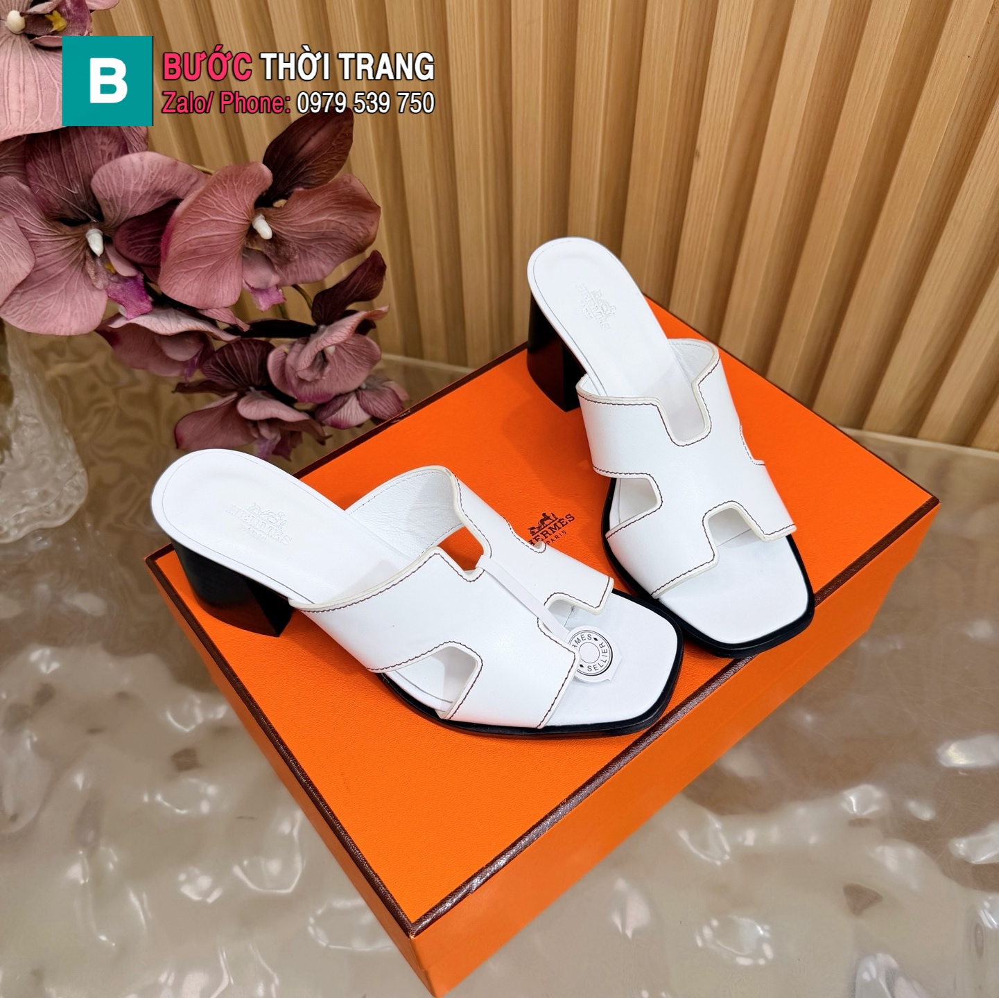 Dép HM chữ H cổ điển màu trắng chất liệu da bò cao cấp đế 5cm