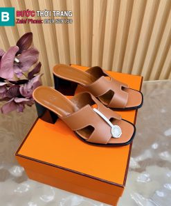 Dép HM chữ H cổ điển màu nâu chất liệu da bò cao cấp đế 5cm