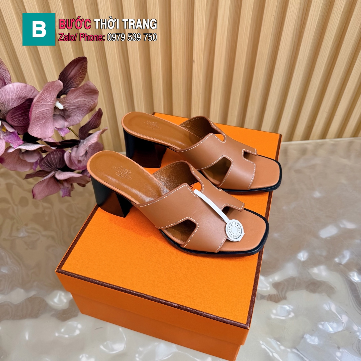 Dép HM chữ H cổ điển màu nâu chất liệu da bò cao cấp đế 5cm